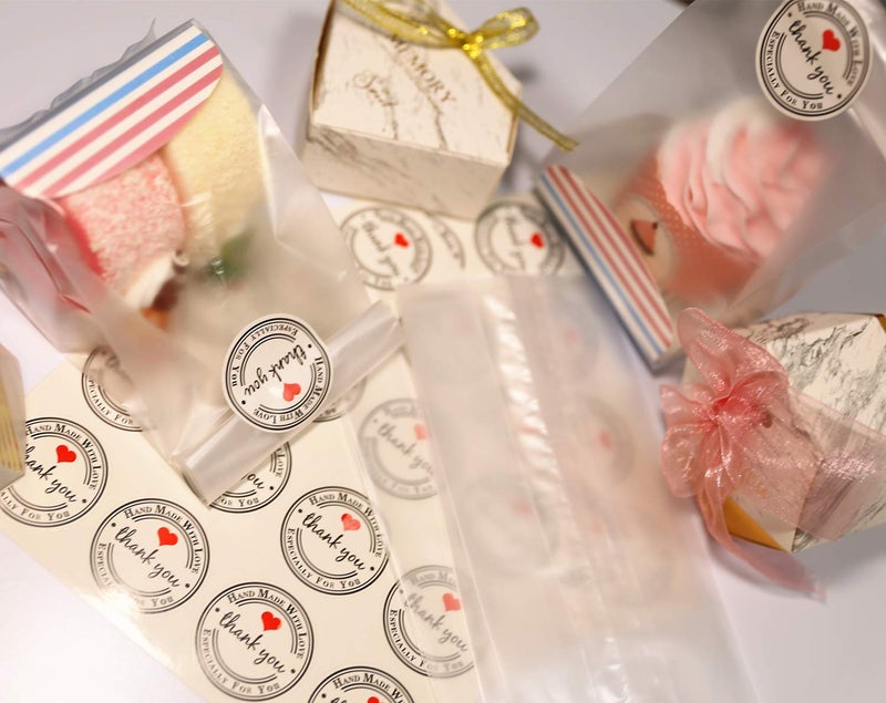 SRainbowPP 48 pcs./Pack Translucent Plastic Bags for Cookie,Cupcake,Chocolate,Candy,Snack Wrapping Good for Bakery Party with Blue Inserts and Thank You Stickers - Image 4